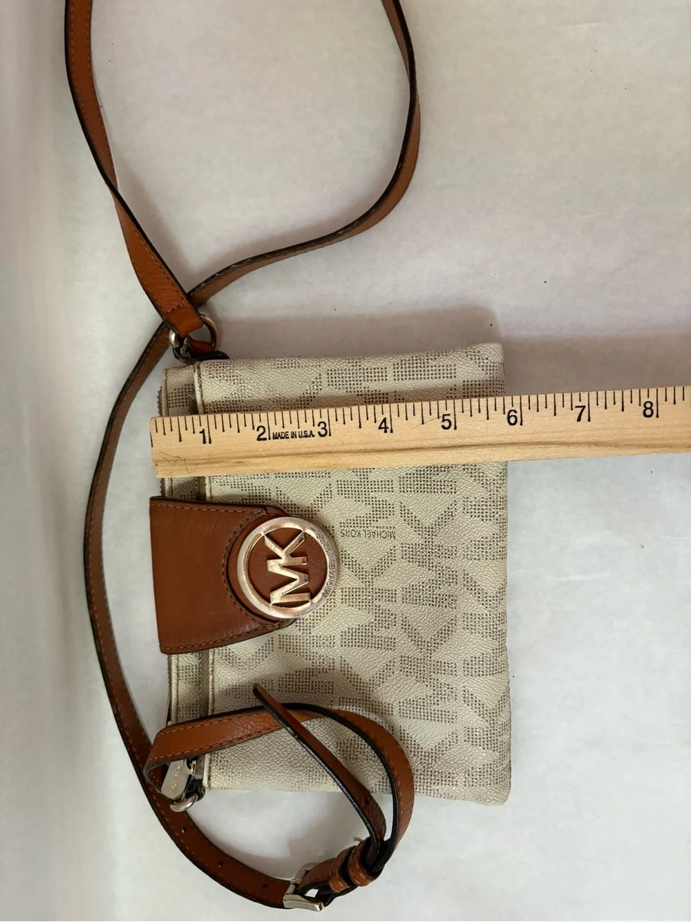 Michael Kors Beige & Brown Leather MK Crossbody purse